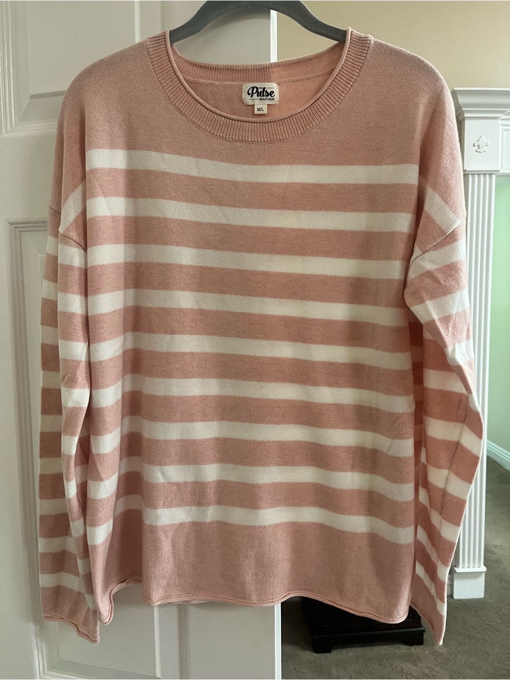 Pulse Blush Pink and White Striped Crewneck Pullover Sweater